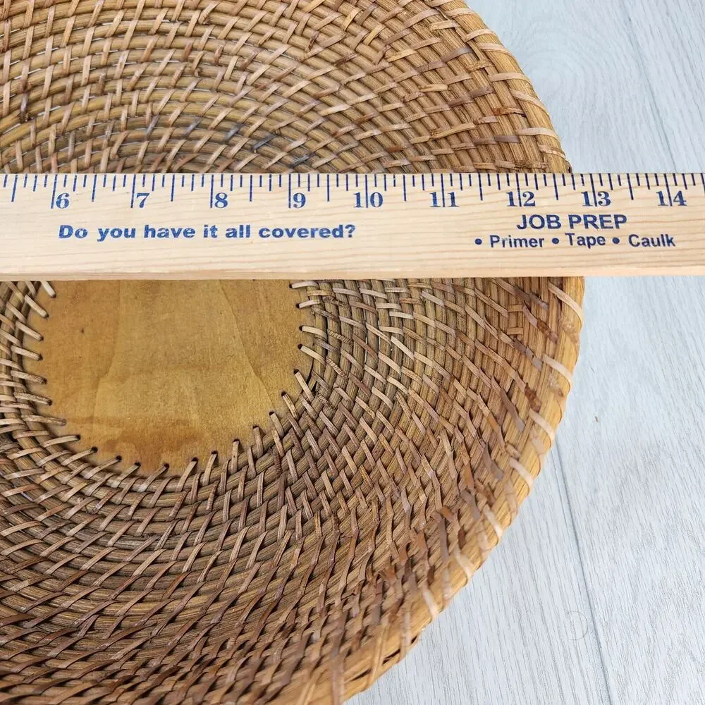 Boho Wicker Woven Fruit Basket United Wood Base Wide Oval Serving Storage 13x5